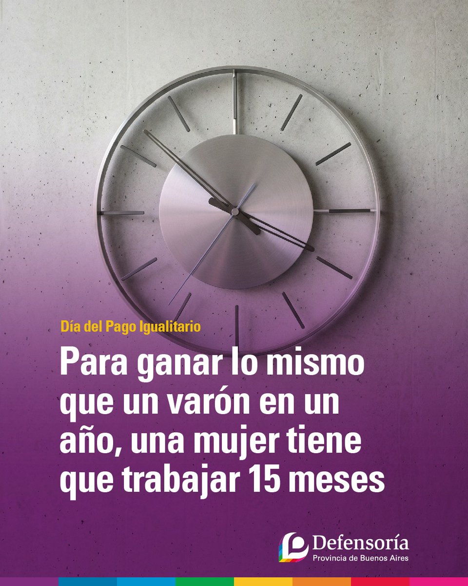 defensoriaPBA's tweet photo. IGUALDAD SALARIAL: TRABAJAR MÁS PARA GANAR LO MISMO
📢 ¿Sabías que una mujer necesita trabajar 15 meses para igualar lo que un varón gana en un año? Esta brecha es el reflejo de una desigualdad estructural.
#DefensoriaPBA #DiaDelPagoIgualitario https://t.co/SQOrImMMRL