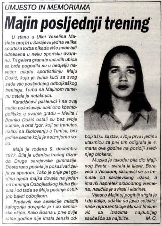 PanJJ3's tweet photo. Zvala sam se Maja Đokić.
Živjela sam u Sarajevu. Nadala sam se kraju rata i perspektivnoj odbojkaškoj karijeri.
9.aprila 1995.godine, vraćajući se sa treninga snage kući, blizu mene pala je minobacačka granata ispaljena sa položaja VRS oko Sarajeva u opsadi...i ubila me. https://t.co/hHE7yixmuh