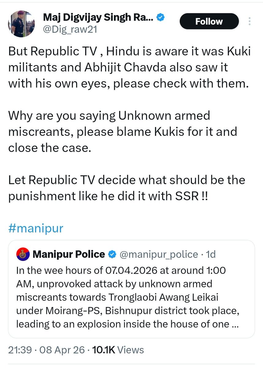 Hingchaba382495's tweet photo. This pathetic piece of shit (Digvijay minai) gets butthurt instantly the moment anyone criticizes the Kukis, he rushes desperately to defend his master...
But when his master(here COTU) peddles  misinformation or anti-Meitei propaganda, he maintains a cowardly silence....
That’s the real character of this lapdog...thui...