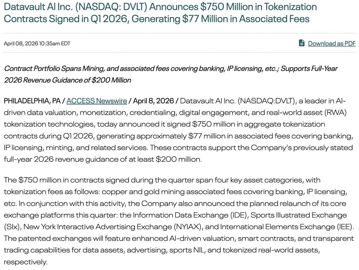 oq02_2's tweet photo. BREAKING NEWS:

I think the reason this Datavault AI Inc $DVLT update feels bigger than a normal small-cap headline is because now the timeline is getting crowded with numbers.

You have the release:
$750M in Q1 2026 tokenization contracts
$77M in associated fees
$200M+ 2026 guidance supported

You have the old base:
$39.1M FY2025 revenue

So the fee pool alone comes in at about 1.97x the entire prior-year revenue.

Then you have the next checkpoint:
May 12, 2026 earnings
Q1 / 2026
EPS estimate: -$0.07
Revenue estimate: $20.4M
Revenue Q2Q: 3,143.24%
EPS Q2Q: 60.33%
3 analysts

Then you still have:
4 asset categories
4 exchanges relaunching this quarter
IDE
SIx
NYIAX
IEE

That is why I keep landing on the same conclusion:
this still looks like the beginning of a wider revaluation story.