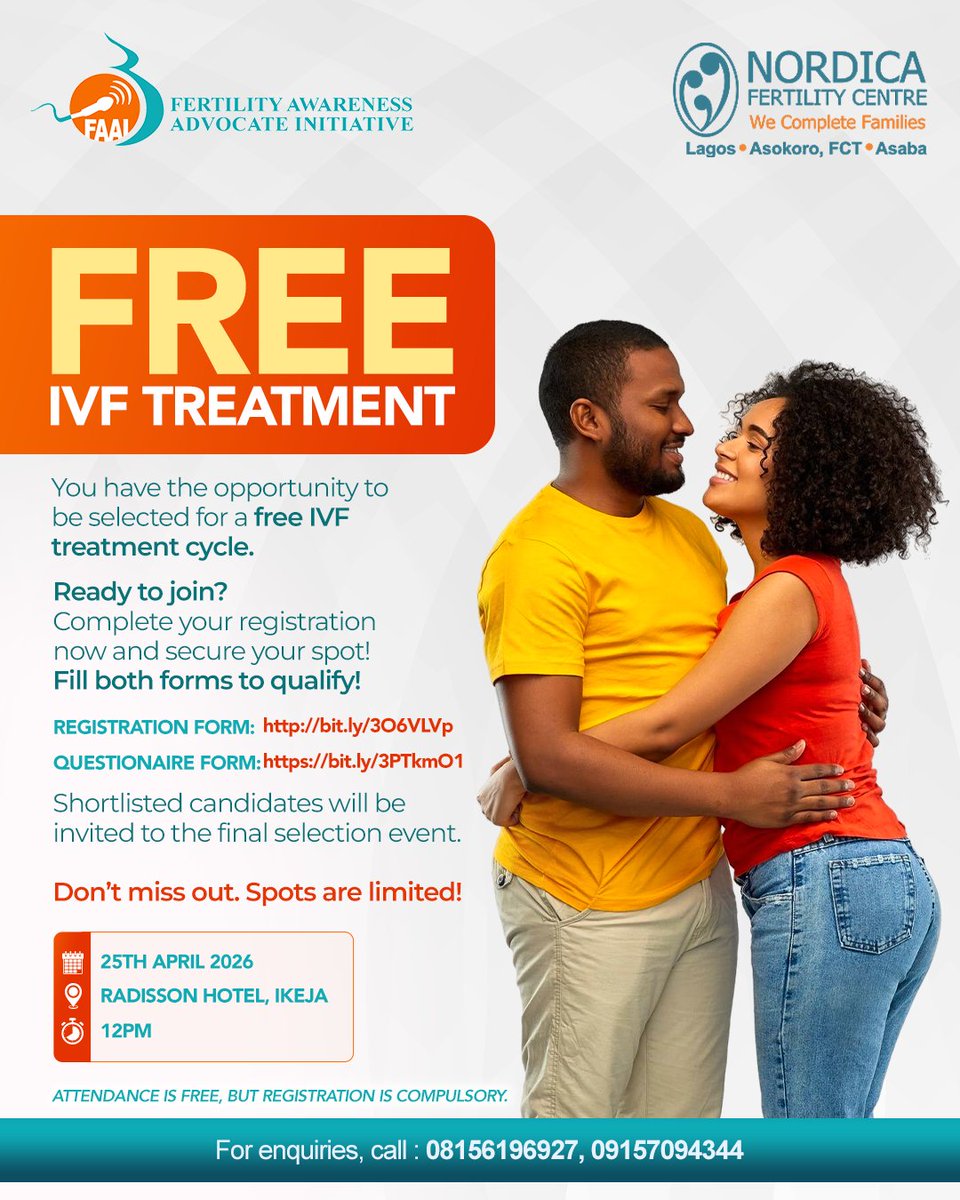 faainigeria's tweet photo. A life-changing opportunity could be closer than you think.

In collaboration with Nordica Fertility Centre, the Fertility Awareness Advocacy Initiative (FAAI) is offering one deserving family a fully sponsored IVF treatment cycle. https://t.co/RxNWNDZByS
