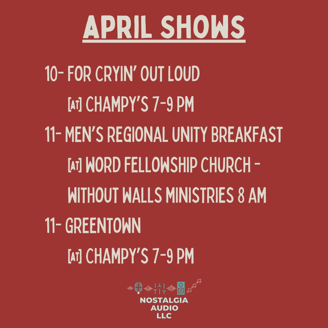 NostalgiaAudio's tweet photo. 🌷 April is bumping with shows this month! 🎶 See you there.💃 

#audio #audioengineer #shoalsmusic #livemusic #nostalgiaaudiollc #shoals #champys #musleshoals #liveevent https://t.co/JnV5Q1XsXw
