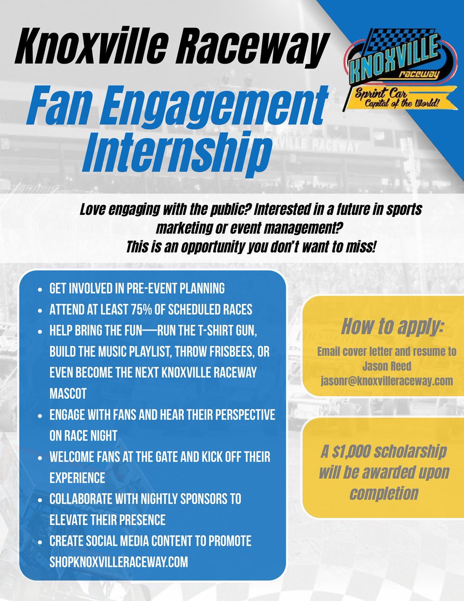knoxvilleraces's tweet photo. Fan Engagement Internship opportunity is now open. https://t.co/T9CHBNY2se
