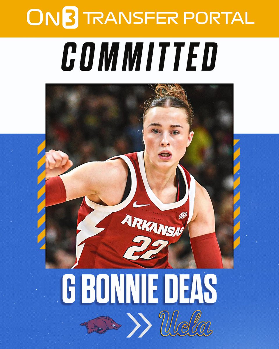 BREAKING: Arkansas transfer Bonnie Deas has committed to UCLA, her representative <a href="/chrispongrass/">Chris Pongrass</a> of Lighthouse NIL told <a href="/On3/">On3</a>. 

The 5-9 freshman averaged 10.2 ppg, 9 rpg and 1.5 spg this season. 

TRACKER: on3.com/her/news/on3-2…