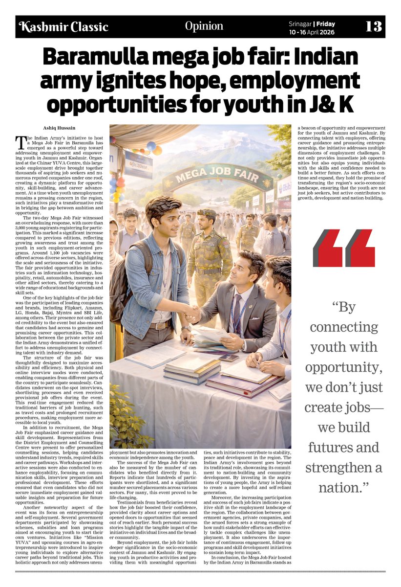 Latest Issue 10 To 16 April 2026
<a href="/OfficeOfLGJandK/">Office of LG J&K</a> <a href="/HomeMinistrymv/">Ministry of Homeland Security, Labour & Technology</a> <a href="/AmitShah/">Amit Shah</a> <a href="/drhinabhat/">Dr Hina Shafi Bhat</a> <a href="/drdarakhshan/">Dr Syed Darakhshan Andrabi</a> <a href="/BJP4India/">BJP</a> <a href="/LageRahoKashmir/">Sunjay Vishvasrao</a> <a href="/hardysoodan/">Hardy Soodan</a> <a href="/luveguards/">LUV</a> <a href="/IndiaEkSoch/">Manmeet Singh</a> <a href="/satyenkinha/">satyen kinha</a>  <a href="/IndiaEkSoch/">Manmeet Singh</a> <a href="/SongsOfChinar/">Songs of Chinar</a> <a href="/AwaamkiAwaaz33/">Awaam ki Awaaz</a> @anup_ojhanupkr  <a href="/KhyberCement_/">Khyber Cement - Dil Se Banao</a>