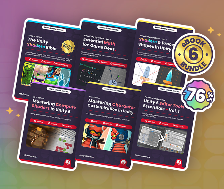 jettelly's tweet image. Want to improve your skills in Unity? 👀 

Our six-book bundle covering shaders, math, animation, tools and more is back! ✨ jettelly.com/store/the-unit…

#unity3d #gamedev
