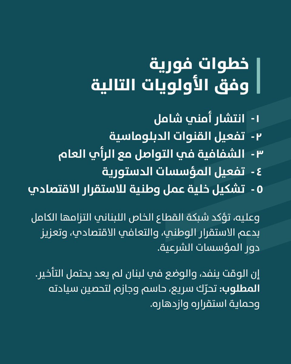 الموت أكبر من أن يُقابل بالصمت… آن أوان الفعل.
خطوات فورية وفق الأولويات التالية:

1- انتشار أمني شامل
2- تفعيل القنوات الدبلوماسية
3- الشفافية في التواصل مع الرأي العام
4- تفعيل المؤسسات الدستورية
5- تشكيل خلية عمل وطنية للاستقرار الاقتصادي

وعليه، تؤكد شبكة القطاع الخاص