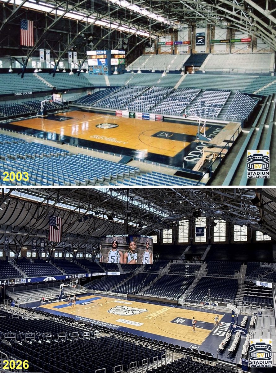 StadiumVagabond's tweet image. 🏟️ Hinkle Fieldhouse, Indianapolis, IN
📸 Circa 2003 &amp;amp; 2026
🏀 Home of the Butler Bulldogs
🗓️ Opened: 1928
🪑 Capacity: 9,100
🎬 Filming site for the championship game scenes in Hoosiers

#FinalFour #HinkleFieldhouse #ButlerBulldogs #Indianapolis #CollegeBasketball