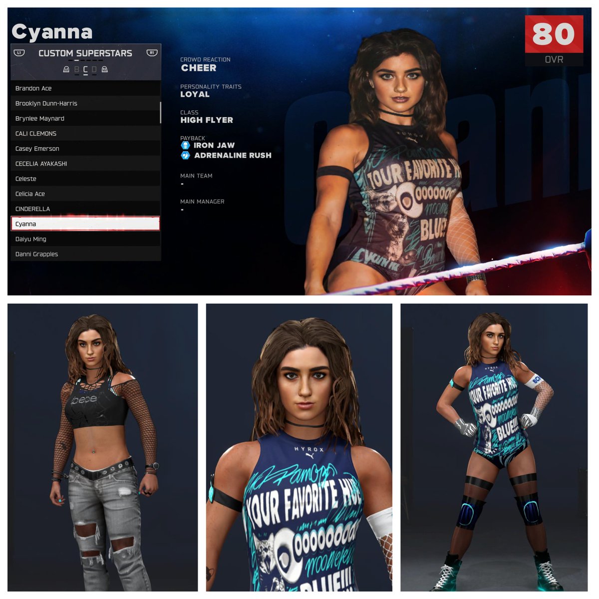 TriStateCAWS's tweet image. Cyanna is up on CC for PS5, "Your favorite hue" is back, member of Kennedy &amp;amp; McKayla's faction, BCMP or CBMP depending on which member you ask. 

She's known for loving her pet cat, TSP fans and everything 2000s except the diva's era 

#WWE2K26 #ORIGINALCAWS #COMMUNITYCREATIONS