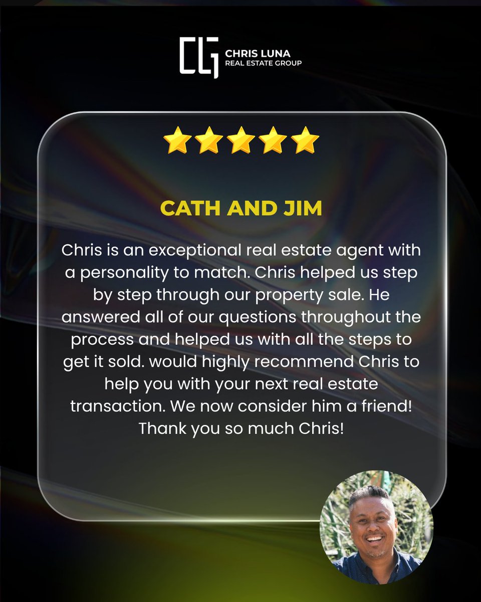 AgentChrisLuna's tweet photo. "He answered all of our questions throughout the process and helped us with all the steps to get it sold."

#TestimonialThursday

Looking for a Realtor in the Bay Area? Schedule your
appointment with me today! https://t.co/KFjRfg8tew