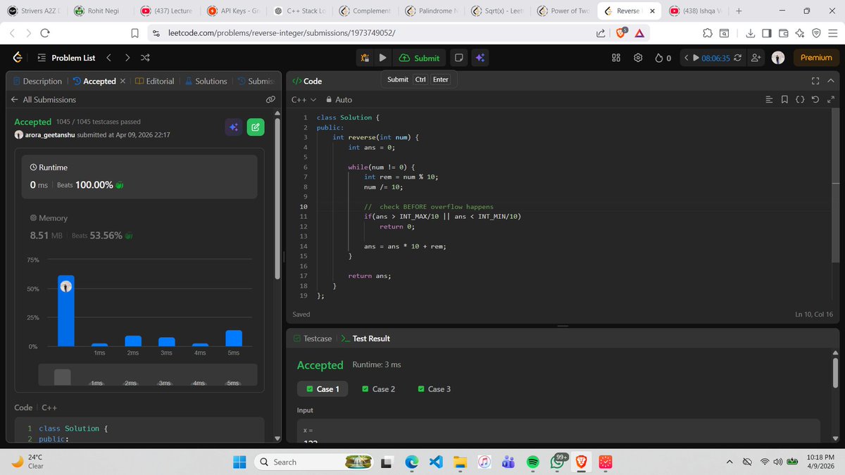Geetanshu11291's tweet photo. Day 20 of maintaining @LeetCodeStreak🏆
- Solved 4 previous leetcode(Revision bhi jruri h mittr)
1.Add digits.
2.Check palindrome
3.sqrt x
4.Power of 2
#366daysofleetcode #consistency #dsa #btech https://t.co/dyLm4Q2HNx