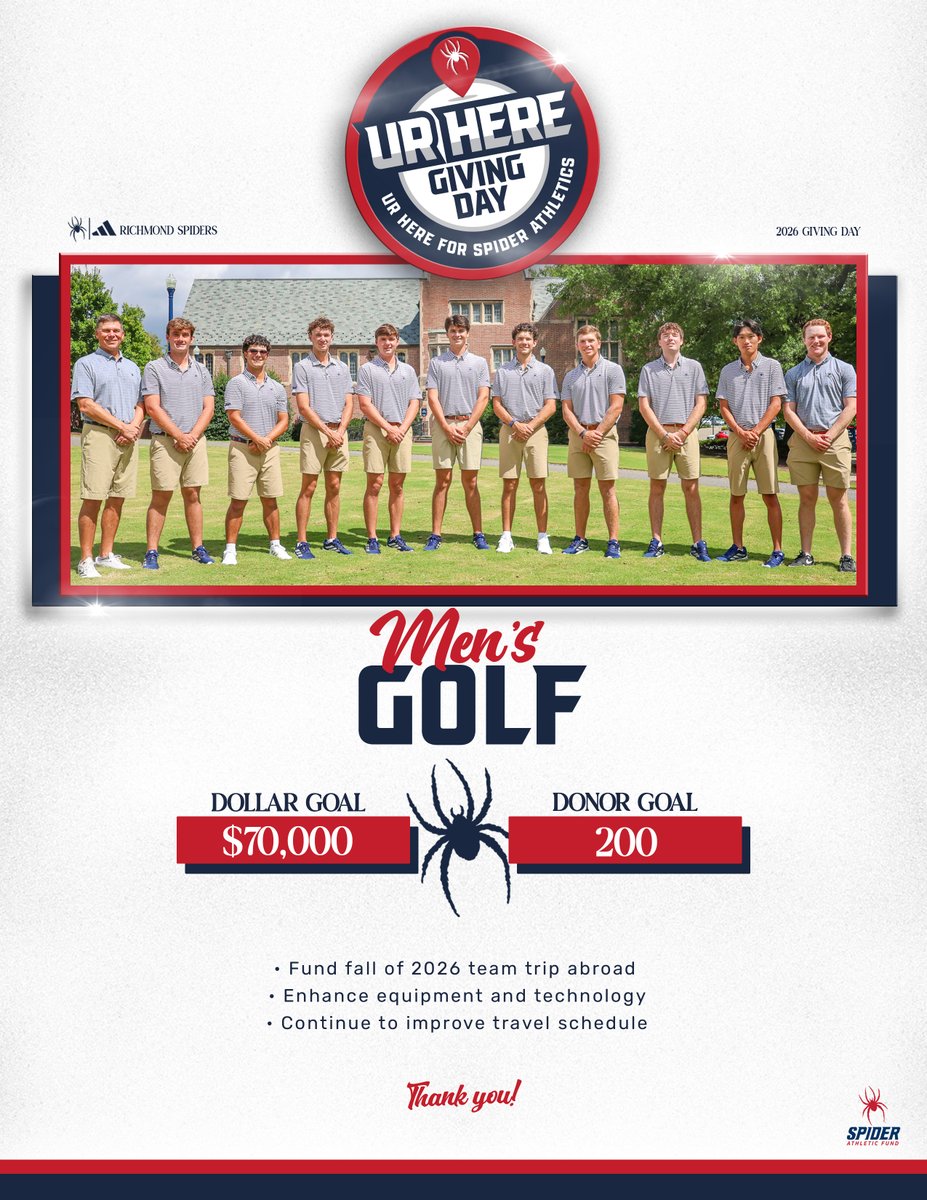 SpiderMGolf's tweet photo. Afternoon check-in on #URHere Giving Day!
We're 70% of the way to our $ goal but only 45% of the way to our donor goal of 200.
With a bonus for reaching 100 donors, we really need a handful of Spiders to get in!
Use the link in our bio to support your Spiders #StrongerTogether https://t.co/DzA8Eusfpw