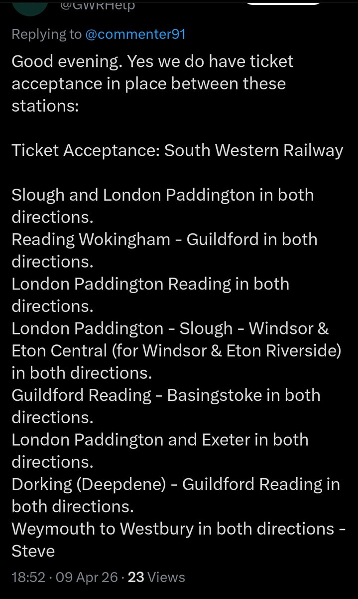 commenter91's tweet photo. @SW_Help @JackTur6t Alternatively ticket acceptance is in place on GWR from London to Guildford via Reading https://t.co/LLuBndvJ4l
