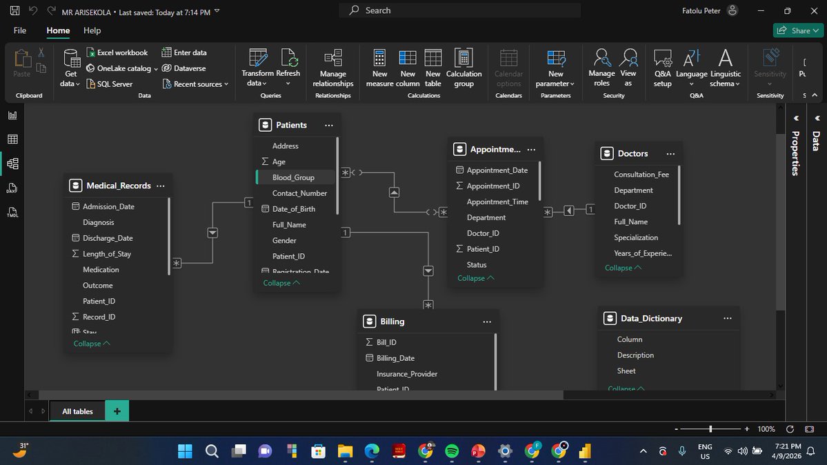 PeterFatd1's tweet image. Built this in class today 🚀

My students created a full Healthcare Intelligence Dashboard in Power BI — from data model ➝ star schema ➝ DAX ➝ final visuals.

Real skills. Real results. 📊

#PowerBI #DataAnalytics #DAX #DashboardDesign