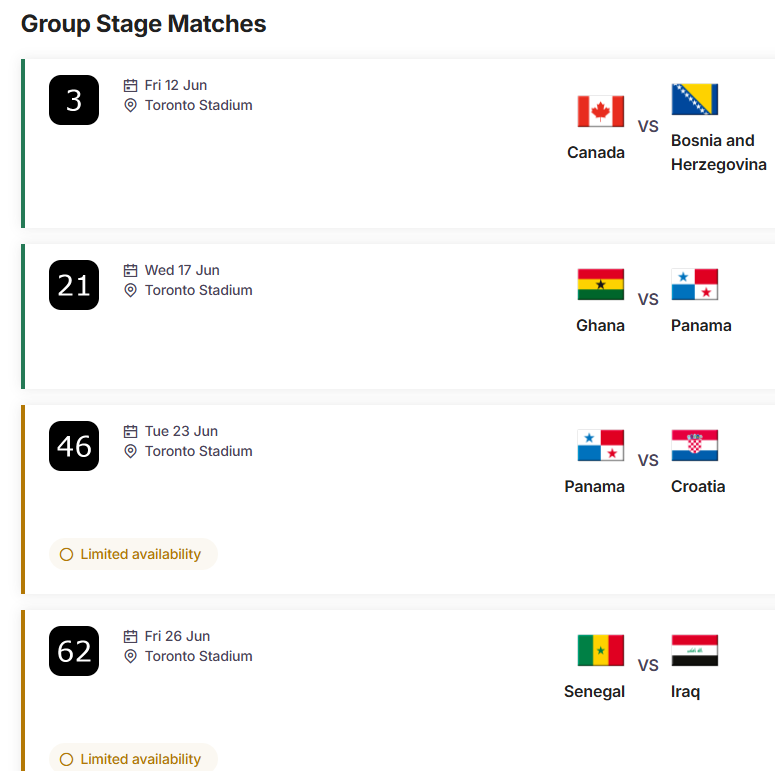 FIFA World Cup2026のチケットが少し放出されているようで、トロントでの試合チケットも買えるようになっていましたよ。