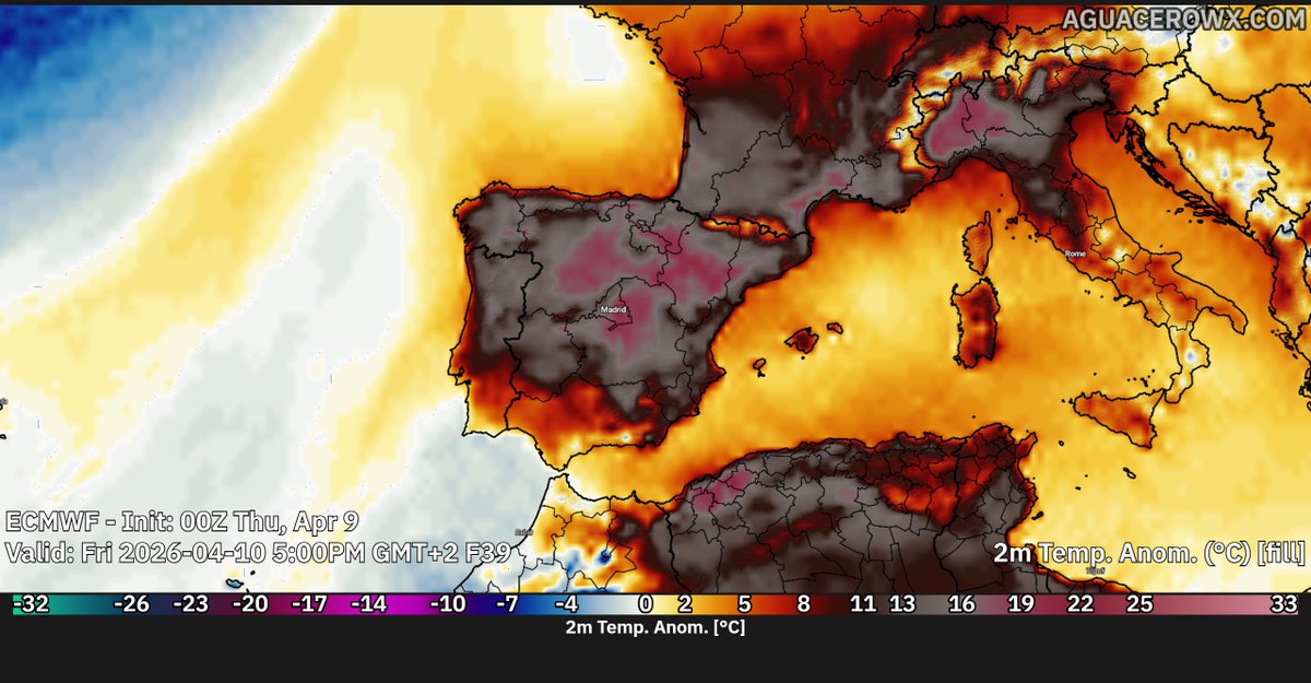 Temperaturas mas propias de Junio que de Abril.
Las anomalías tanto a 850hpa como en superficie son sumamente altas. Hablamos de que las temperaturas son hasta 13-14ºC más altas de lo normal y en superficie hasta 18ºC más altas de lo normal!!

Mapas sacados de: <a href="/aguacerowx/">aguacero</a>, donde