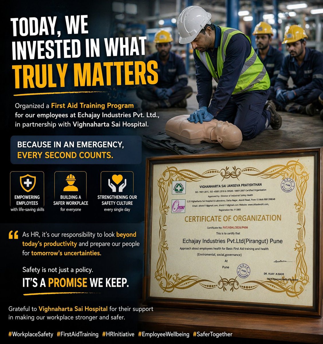 nihalattar96's tweet photo. Organized a First Aid Training for employees at Echajay Industries with Vighnaharta Sai Hospital.

In manufacturing, safety isn’t optional. One skill can save a life.

HR is not just hiring — it’s responsibility.

#WorkplaceSafety #HRLife #FirstAidTraining
#Autoindustrie https://t.co/5yGLNkSDCV