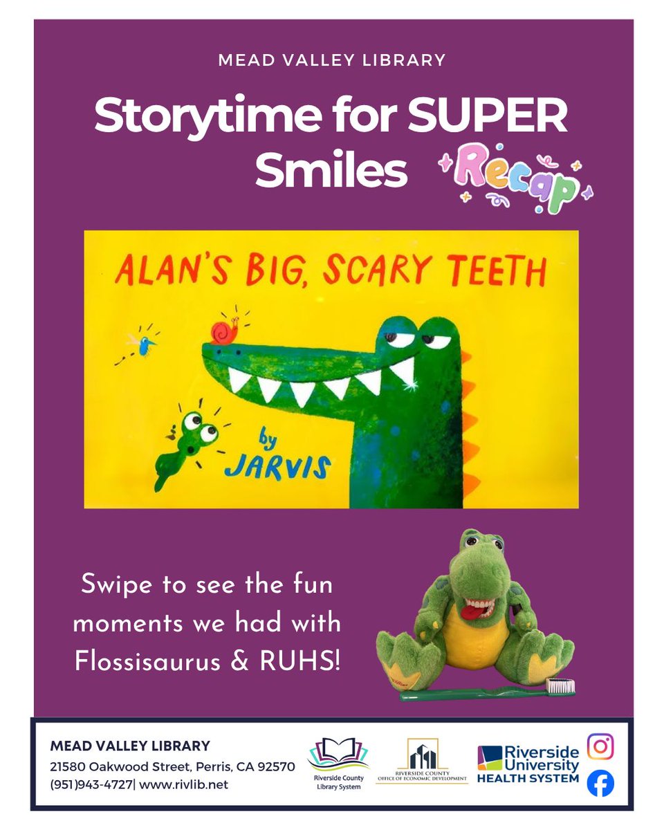 MeadValleyLib's tweet photo. Thank you to RUHS for doing an educational and interactive storytime with us yesterday! We had so much fun learning with Flossisaurus about dental health. 🦖🪥 https://t.co/cyUKzKzQL2