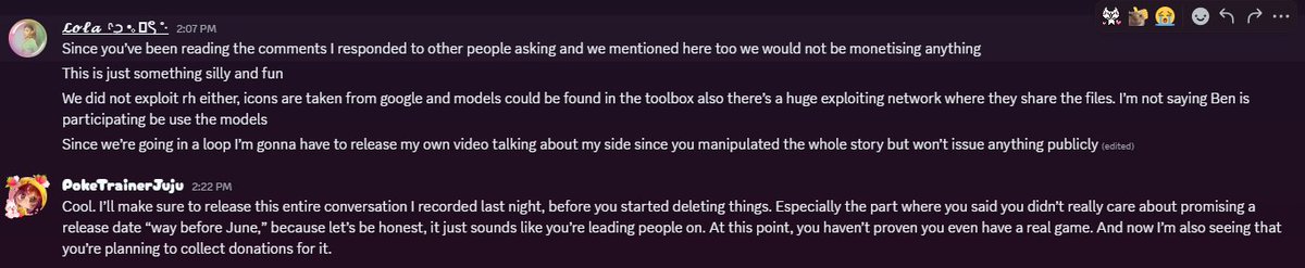 Yesterday after I posted this, I was pulled into a group chat with people named Ben, K, and Lola. They wanted me to delete my video and posts about them, saying they’re working on an RH Sandbox game and not scamming.

I asked some questions and wanted to actually see the game,