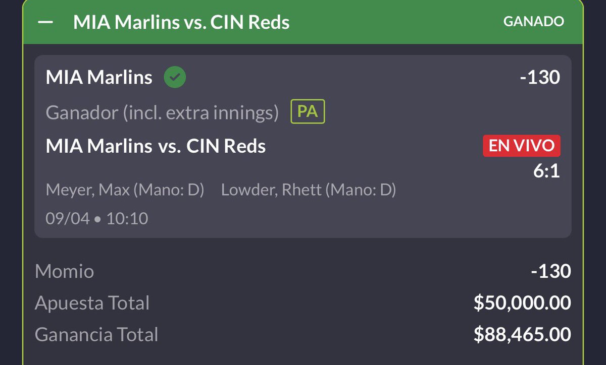 1.000❤️🔄🗯️ y subo el paso 2 del reto gratis $1,600 a $10,000 hoy mismo🪜

Paso 1️⃣ Marlins ✅

Ganamos fácil con PA el paso 1. Este reto será nuestroo. Activen Notis 🔔💸