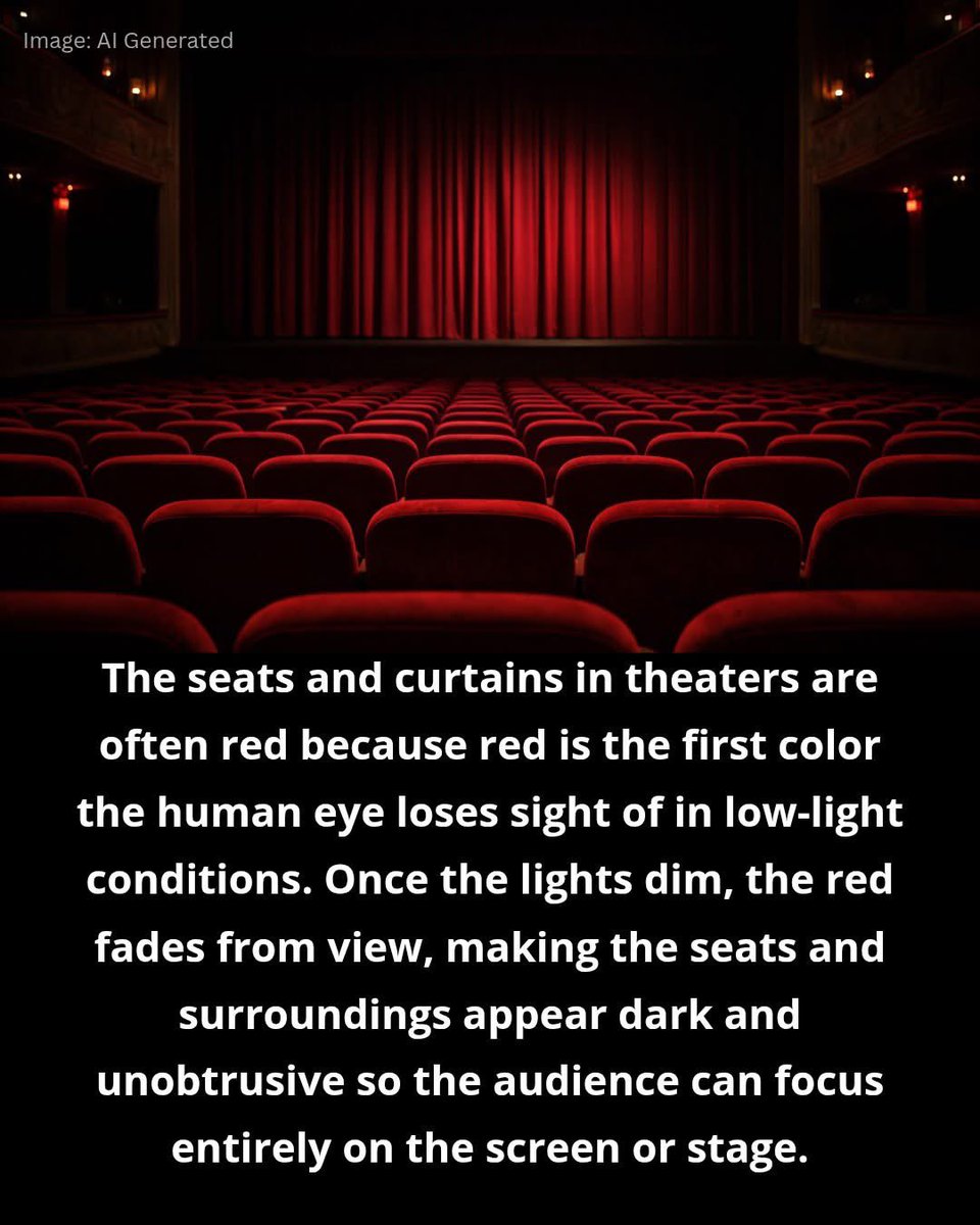 honesdalepac's tweet photo. Theaters use red seats and curtains because red is the first color we stop seeing in the dark. When the lights go down, they seem to disappear—helping you focus on the show. https://t.co/nyY4MvAhbO