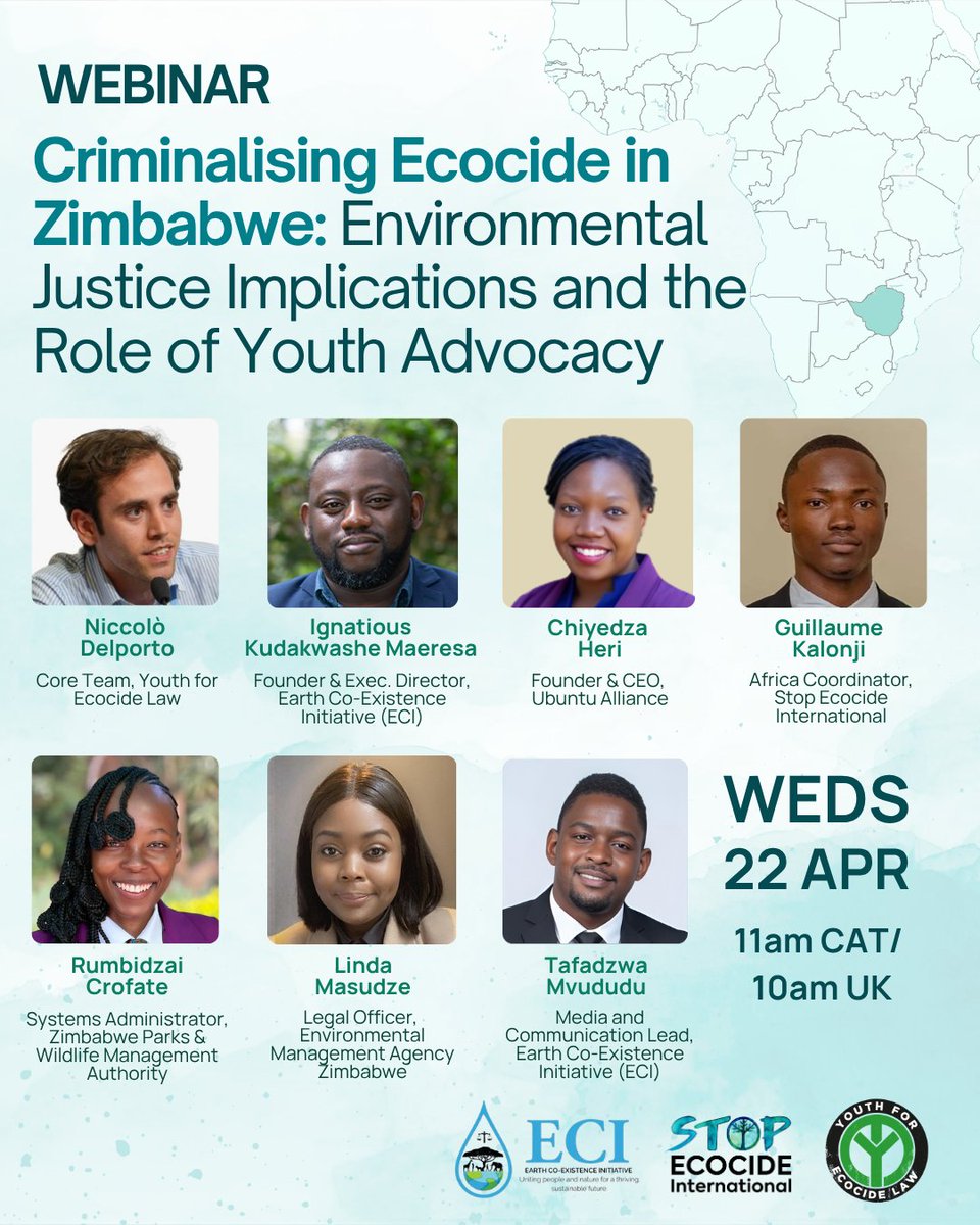 EcocideLaw's tweet image. Could #Zimbabwe soon criminalise #ecocide? 🇿🇼

Join this @ecocidelawyouth/ Earth Co-Existence Initiative webinar on #EarthDay - Weds 22 April -  at 11am Central African Time/ 10am UK to learn more!

Register here! 🔗 stopecocide.earth/events/crimina…

#StopEcocide
