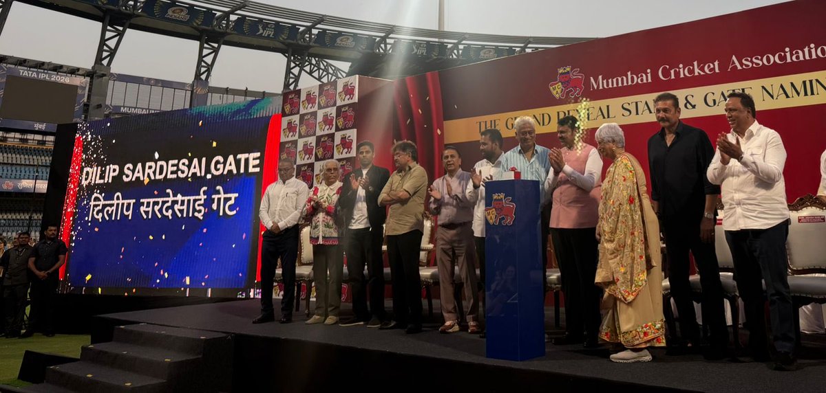 One of the most special days in my and my family’s life: Dilip Sardesai gate unveiled at the Wankhede stadium in presence of Sunil Gavaskar, Dilip Vengsarkar, Suryakumar Yadav <a href="/surya_14kumar/">Surya Kumar Yadav</a> <a href="/shishhattangadi/">shishir hattangadi</a> among others . Along with Ravi Shastri <a href="/RaviShastriOfc/">Ravi Shastri</a> stand, Diana