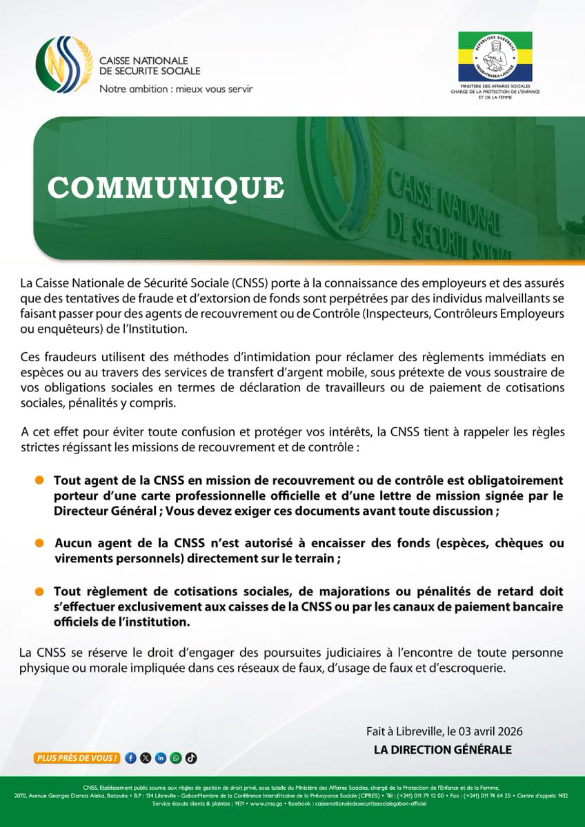 🔴[COMMUNIQUE CNSS] : A l'attention des employeurs et assurés.
Suivez l'actualité de la 𝐂𝐍𝐒𝐒 à travers nos différentes plateformes online 📱💻 
#prestationcnss #cnssplusprèsdevous #cnssgabon