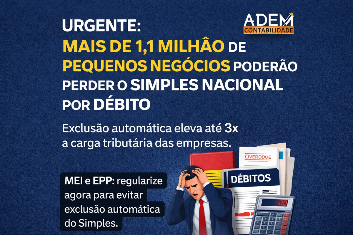 ADEM_Contabil's tweet photo. URGENTE: Mais de 1,1 milhão de pequenos negócios estão sob risco imediato de exclusão do Simples Nacional por inadimplência.
A informação foi divulgada por veículos como Portal Fenacon e Jornal Contábil.
Se você é MEI, ME ou EPP, isso te afeta diretamente.
👇... https://t.co/pWCS4pZJzD