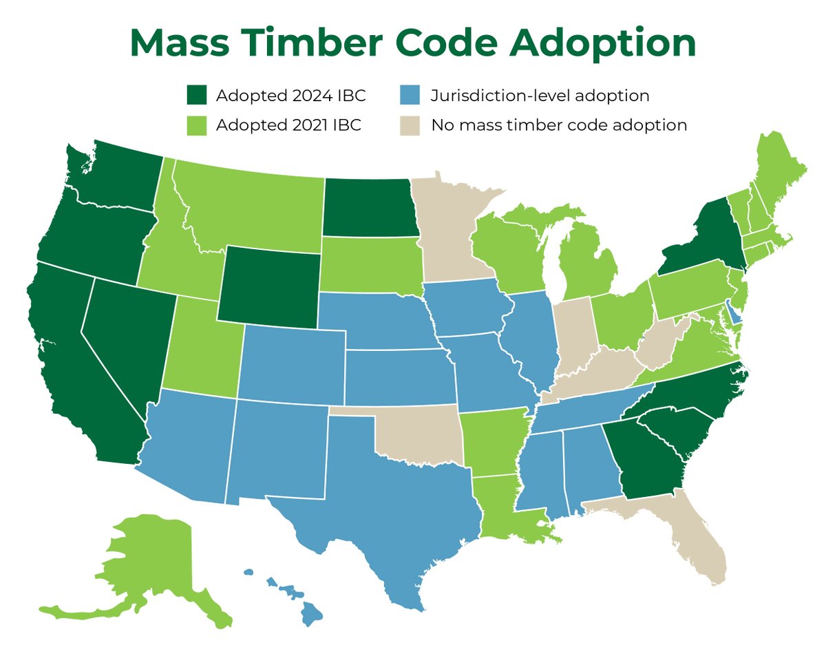 LumberBoard's tweet photo. In 2025, 44 states have embraced mass timber provisions in the Int'l Building Code—and @woodcouncil helped. From educating code committees to training fire departments, the AWC builds the technical confidence officials need to move forward. More info: https://t.co/IhS1AoX5A4 https://t.co/HhncqjlWzj