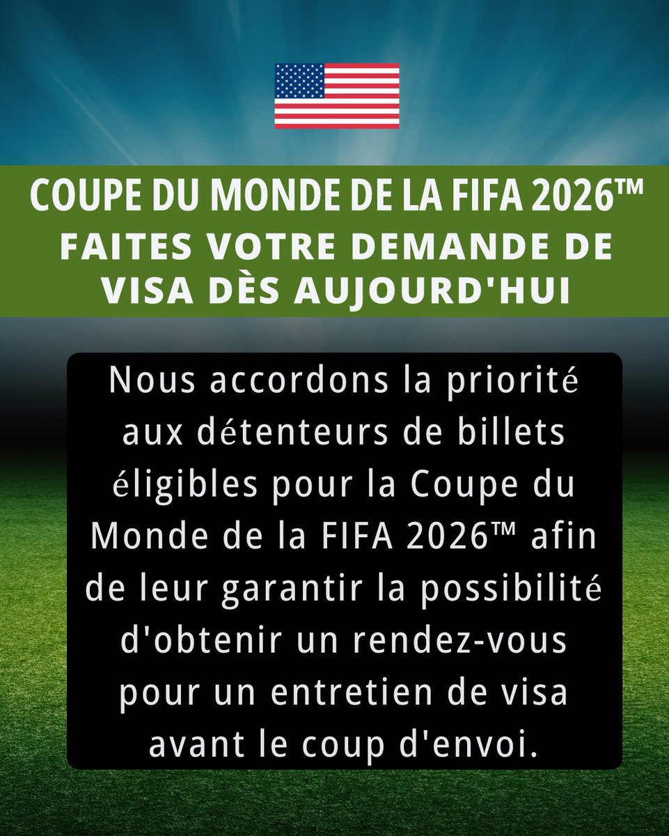 Excellente nouvelle pour les détenteurs de billets pour la Coupe du monde de la FIFA 2026™ qui ont besoin d'un visa américain : nous offrons aux titulaires de billets qui choisissent l’option FIFA PASS un accès prioritaire aux rendez-vous pour les entretiens de visa. Tous les