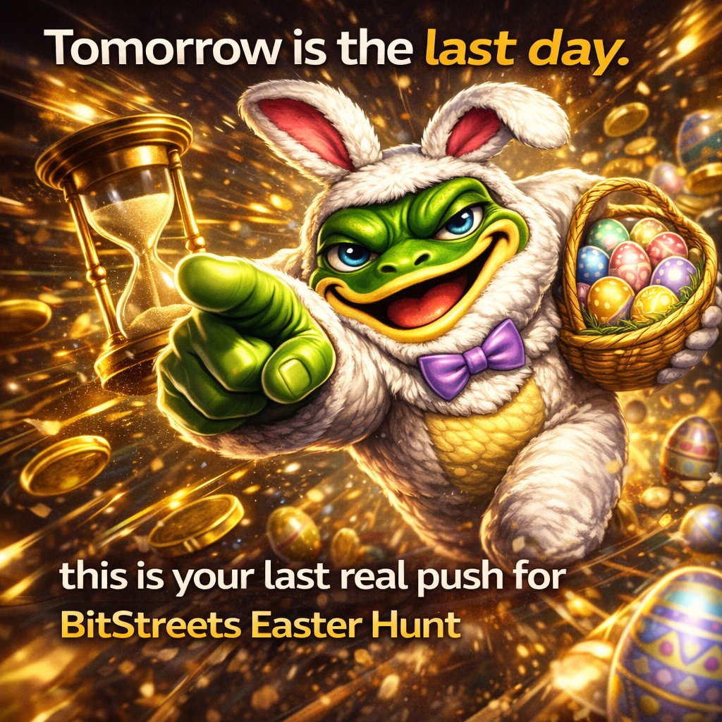 FroGenCoin's tweet photo. Tomorrow is the last day.🐸

This is where people realize…they should’ve taken it seriously earlier. 👀

If you’ve got your days, you’re good.

If not, this is your last real push for BitStreets Easter Hunt 🐸🥚.