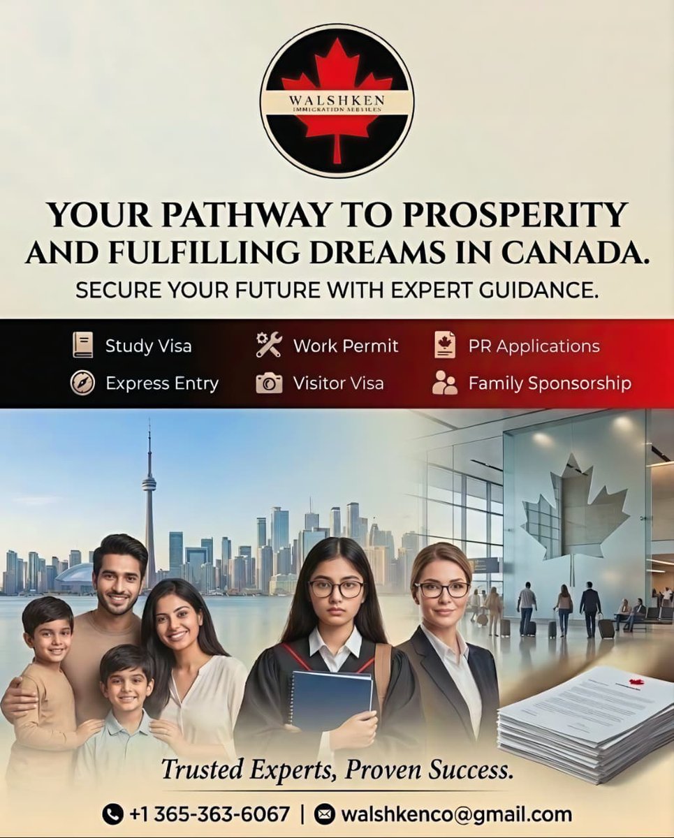 walshkon_C's tweet image. Ready to move to Canada? 🇨🇦 From Study Visas to PR Applications, Walshken Immigration provides expert guidance for your journey. Trusted experts, proven success!

📞 +1 365-363-6067
📧 walshkenco@gmail.com

#CanadaVisa #ExpressEntry #WorkPermit