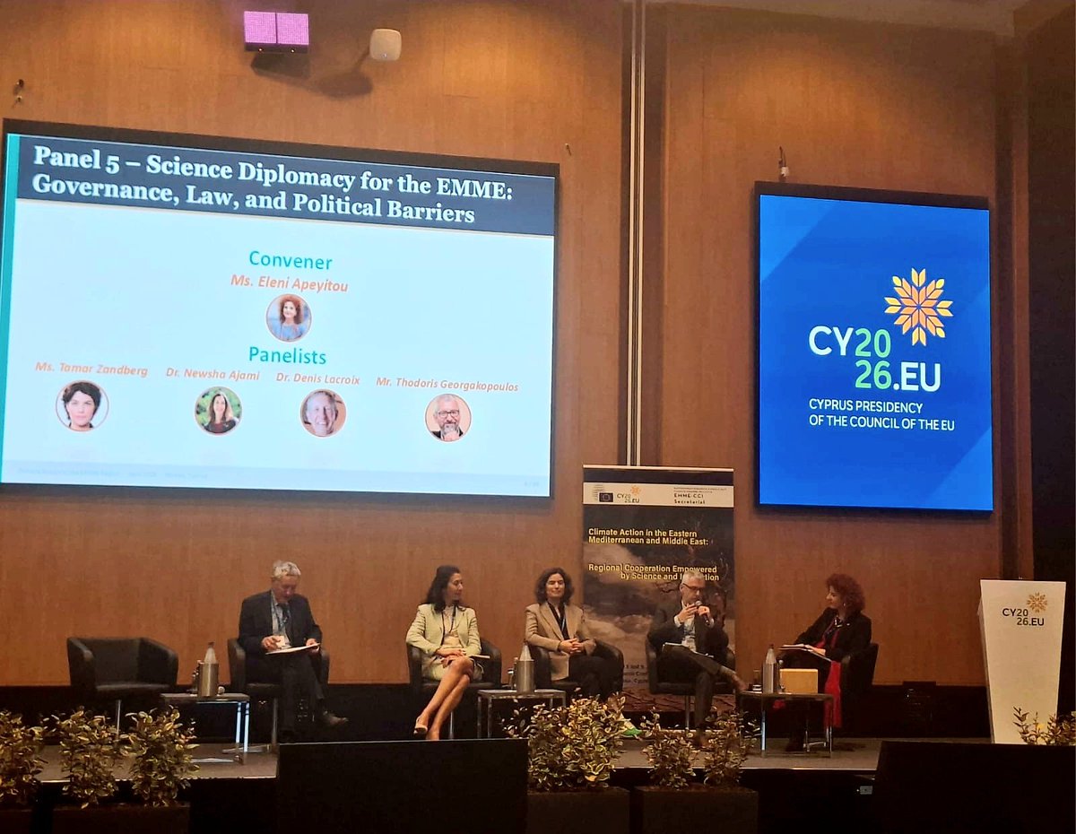eapeyitou's tweet photo. Proud to lead panel on 'Science Diplomacy for the #EMME region:governance, law&amp; political barriers" organised by @CyprusInstitute under auspices of @CY2026EU. Excellent discussion w/ @NewshaAjami, @tgeorgakopoulos, T. Zandberg and Prof. D. Lacroix. #climateaction cannot wait! https://t.co/Z22oeEegvM