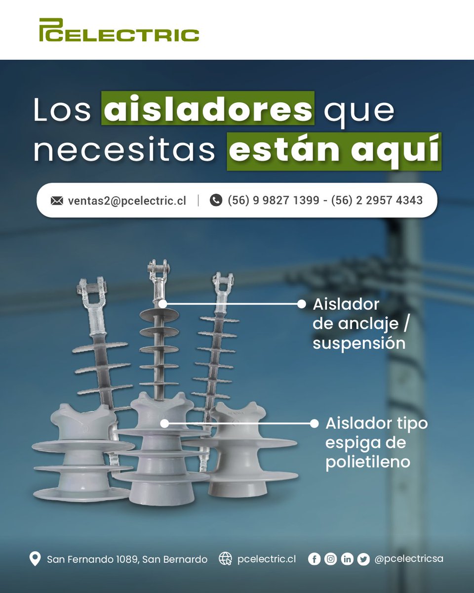 pcelectricsa's tweet photo. Contamos con aisladores de silicona para anclaje o suspensión y aisladores tipo espiga en polietileno diseñados para ofrecer resistencia, durabilidad, seguridad y gran aislación en cada instalación.
Disponible en 15kv, 25kv y 35kv.
¡Te esperamos!
📍San Fernando 1089, San Bernardo https://t.co/HrdrQSKiNv
