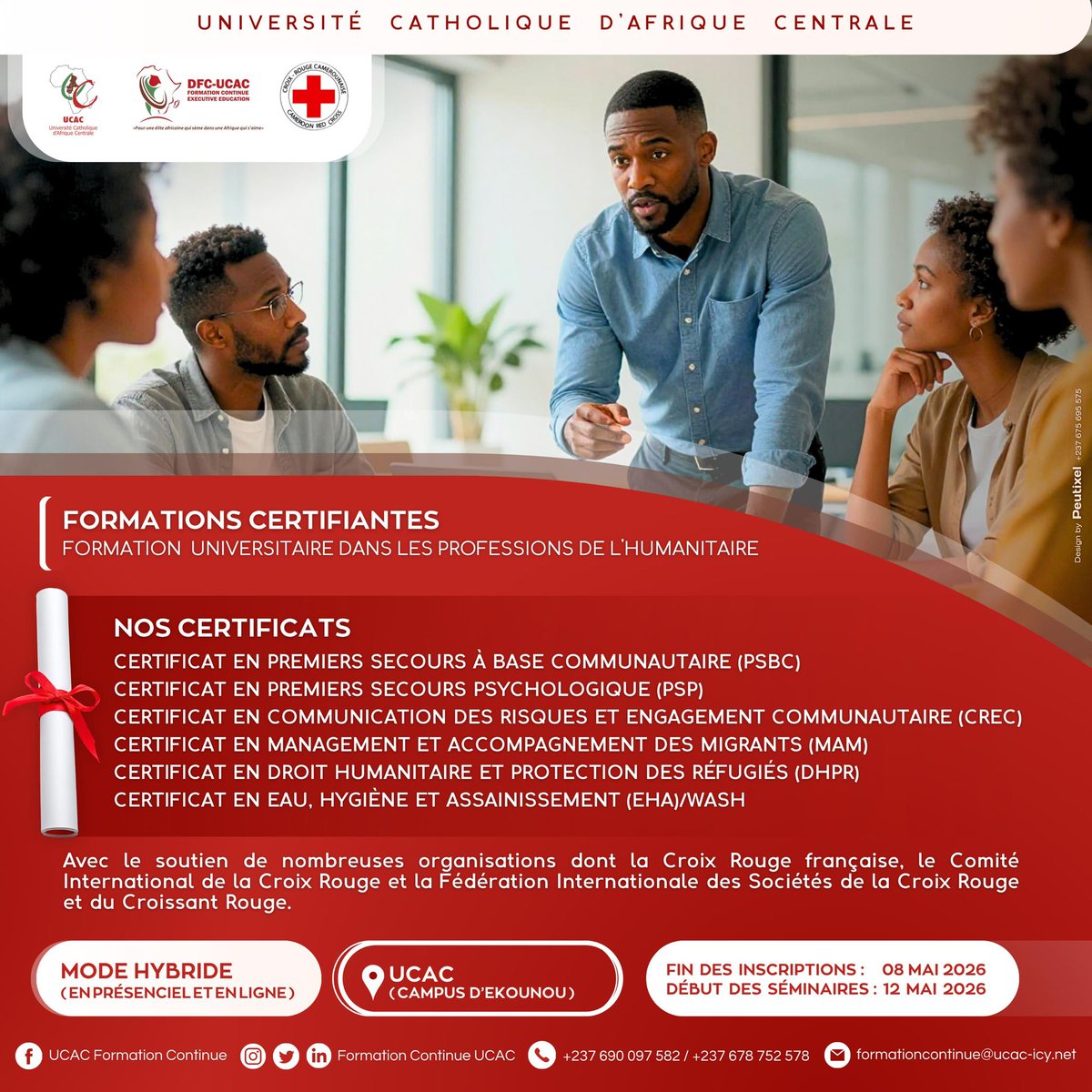 FC_UCAC's tweet photo. Envie d’une carrière utile ? 🌍

Formations certifiantes en métiers de l’humanitaire :
PSBC • PSP • CREC • MAM • DHPR • WASH

Soutenues par Croix‑Rouge française, Comité international de la Croix‑Rouge et Fédération internationale des Sociétés de la Croix‑Rouge et du

1/2 https://t.co/G01b9TNJhB