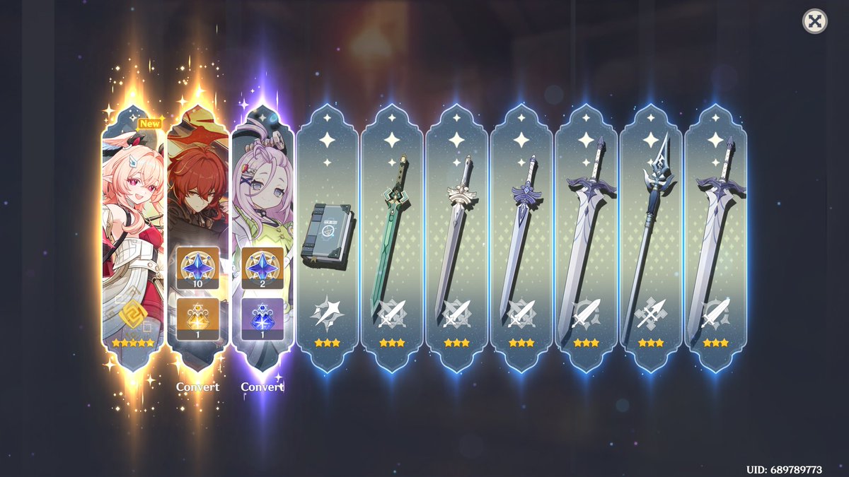 JustAFigmentMC's tweet photo. Don't post often anymore, but been playing @GenshinImpact lately. Pulled 10 Intertwined Fate starting with a 15 pity on the Linnea banner. Here's what I got. Insane luck! #LuckyWish #GenshinImpact #InsanePull https://t.co/Yy3a9EnKmd