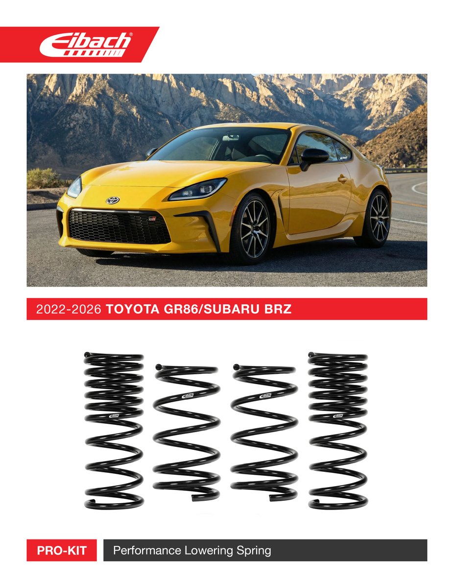 EibachCanada's tweet image. PRO-KIT Lowering Springs for the 2026 Toyota GR86/Subaru BRZ is in stock and ready to ship! Order online at eibach.ca.

Part # E10-82-097-01-22

#eibach #eibachcanada #toyota #subaru