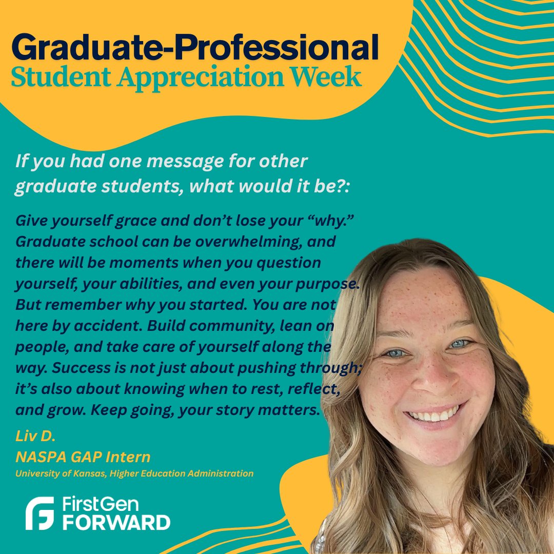 FirstgenForward's tweet image. Join us in celebrating some of the NASPA #firstgen GAP interns. Their graduate interns shared powerful insights that uplift and support first‑gen graduate &amp;amp; professional students. We appreciate their wisdom, leadership, and the work we do alongside NASPA!
naspa.org/division/gradu…