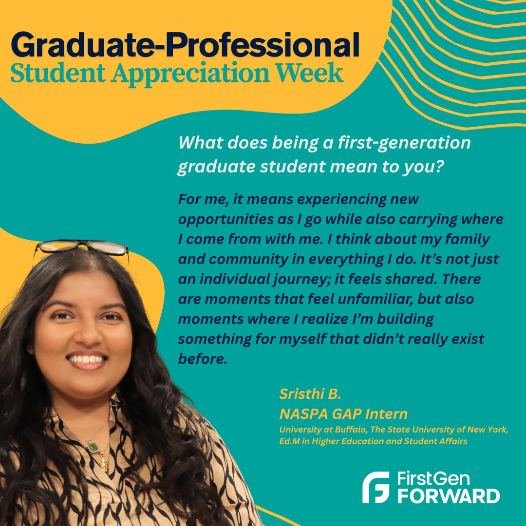 FirstgenForward's tweet image. Join us in celebrating some of the NASPA #firstgen GAP interns. Their graduate interns shared powerful insights that uplift and support first‑gen graduate &amp;amp; professional students. We appreciate their wisdom, leadership, and the work we do alongside NASPA!
naspa.org/division/gradu…