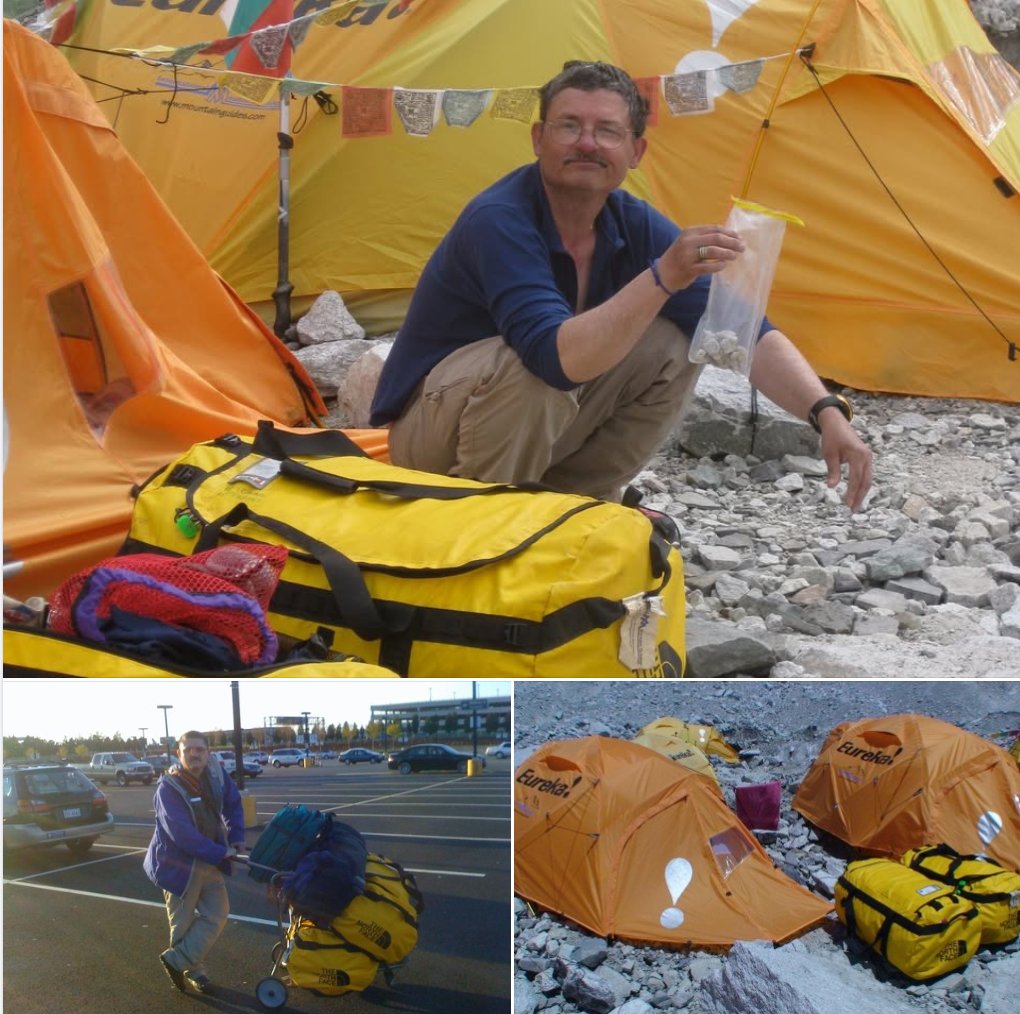 KeithCowing's tweet image. Happy 40th to the @thenorthface_climb amazing adventure carry-all duffel that has enabled so many adventures over the years.  Me after a month at #Everest Base Camp in 2009 with my dual @thenorthface duffels. #NorthFace