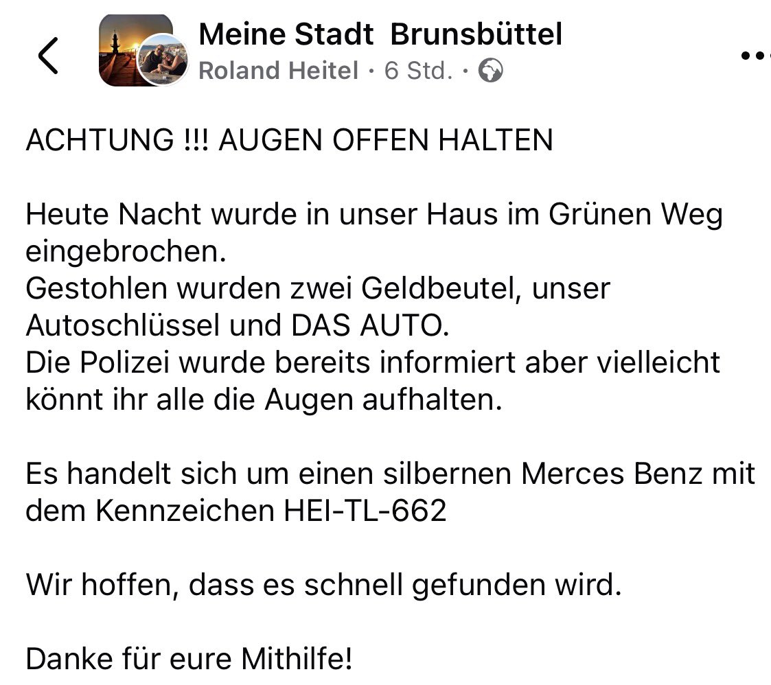 Die Polizei bittet um Mithilfe: geschehen in der Nacht von, Mi., 8. April, auf heute, Do., 9. April, in #Brunsbuettel. Gerne fleißig teilen. Gestohlen wurde der Pkw 🚘 mit dem Kennzeichen HEI-TL 662 (silberner Mercedes Benz). #dieElbefaehre [os]