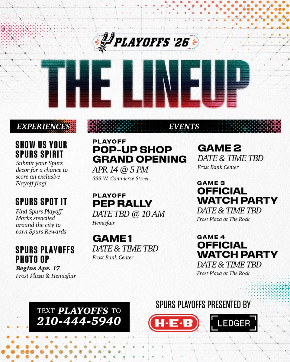 Plan accordingly! Playoffs are coming 🔜

Don't miss our citywide fan activations throughout the first round of playoffs 🎉 For more info, visit: nba.com/spurs/playoffs

<a href="/HEB/">H-E-B</a> | <a href="/Ledger/">Ledger</a>