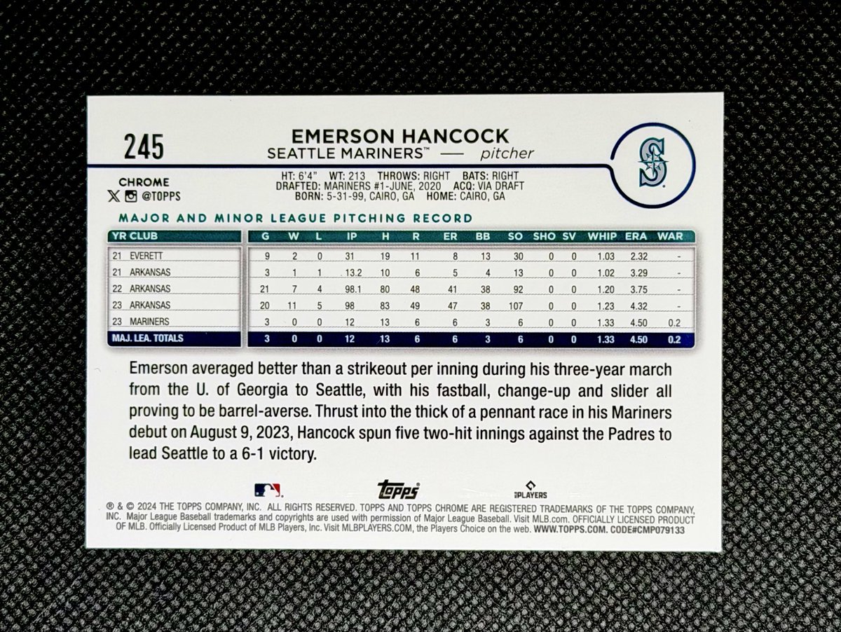jills222's tweet photo. Check out Emerson Hancock SN 2024 Topps Chrome Purple Speckle Refractor /299 #245 Seattle https://t.co/hgRrDglr42 #eBay via @eBay

@MLBNetwork @MLBONFOX @MLB https://t.co/FwW4hvoEXq
