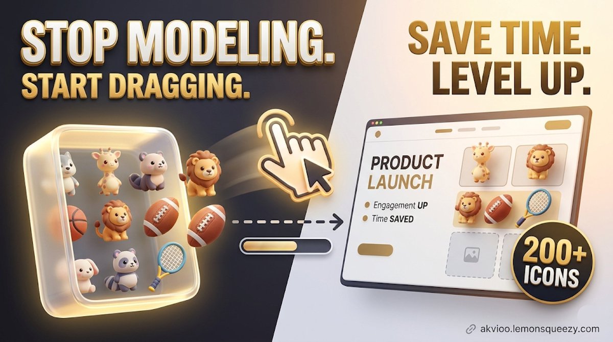 19design97's tweet image. Why spend hours modeling when you can drag &amp;amp; drop? ⏳ Save time and level up your presentations and web designs with 200+ icons. 

🚀 Link: akvioo.lemonsqueezy.com/checkout/buy/7… 

#WebDesign #CreativeMarket #GraphicDesign