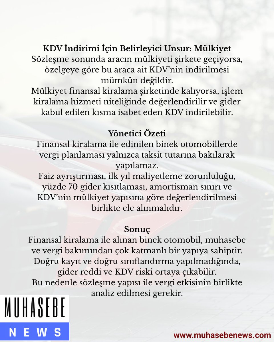 MuhasebeNews's tweet image. Leasing ile Şirkete Alınan Binek Otomobilde Vergi Uygulaması

#Leasing #FinansalKiralama #BinekOtomobil #ŞirketGiderleri #VergiUygulaması #KDV #KurumlarVergisi #VergiAvantajı #Muhasebe #FinansYönetimi #muhasebenews