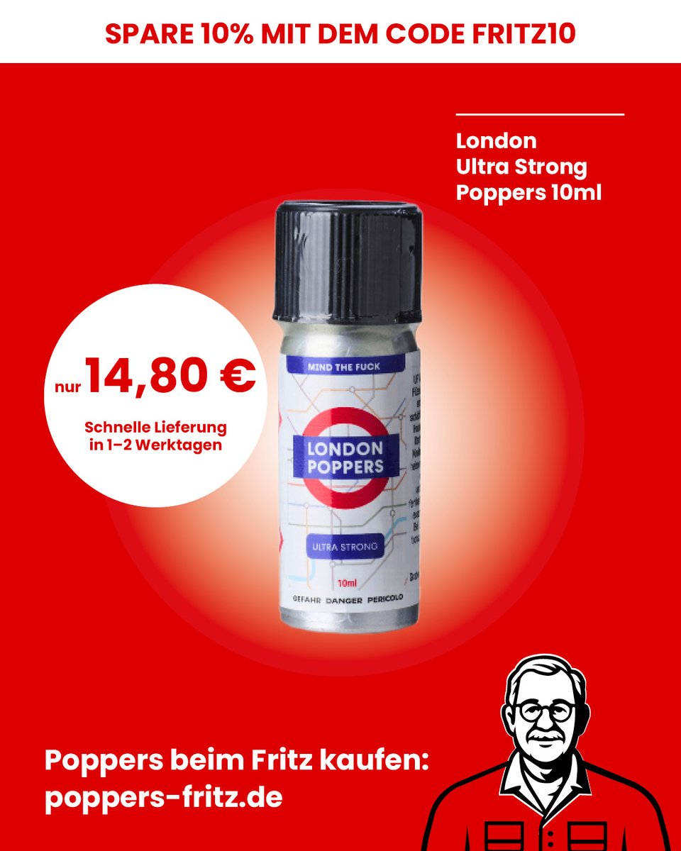 PoppersFritz's tweet photo. London #Poppers Ultra Strong ist perfekt für schnellen Fun zwischendurch. Die ultra leichte und kompakte Flasche ist perfekt für den Darkroom.

Hol sie dir hier: https://t.co/fvuLZCopLw https://t.co/bjkQCv5YMM