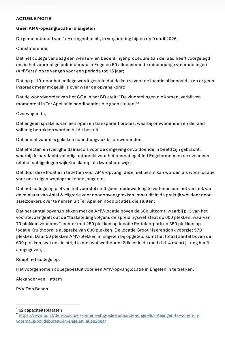 Daarnaast dient #PVV #DenBosch vanavond ook nog deze actuele motie in om het college hun voorstel voor een AMV-locatie in Engelen in te laten trekken! #geenAZC