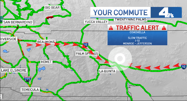 RobinWinstonTV's tweet image. NBCLA TRAFFIC FORECAST| Coachella Valley Music &amp;amp; Arts Festival. Drivers should expect slowdowns &amp;amp;  delays today &amp;amp; Friday on I-10 particularly at exits like (Jefferson Street and Monroe St). Traffic will surge again Monday morning as thousands leave the area.#NBCLA