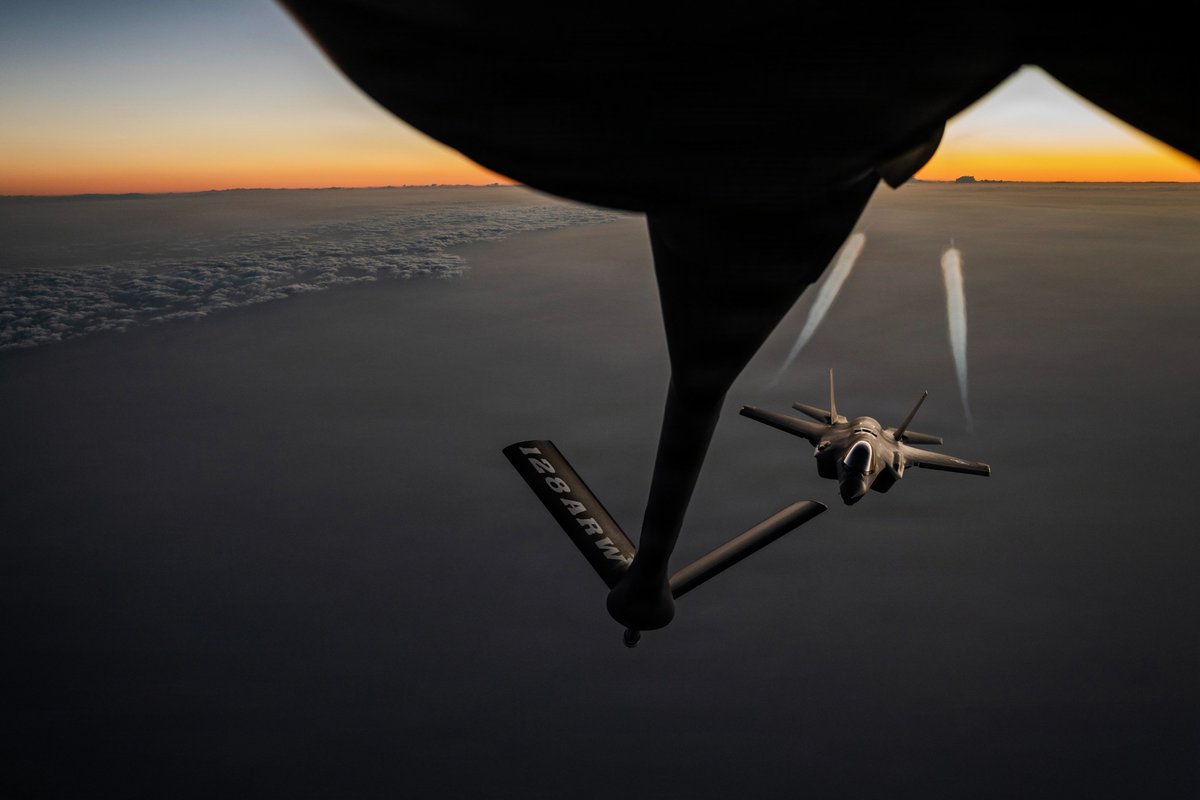 An Air Force KC-135 Stratotanker prepares to refuel an Air Force F-35A Lightning II jet during Operation Epic Fury in the U.S. Central Command area of responsibility, April 5, 2026.
photo: U.S. Air Force

#AirForce #Stratotanker  #OperationEpicFury #USCentralCommand #Smithprollc